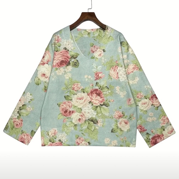 Floral Knit Sweater - Mint Green and Pink - Picture 2 of 4